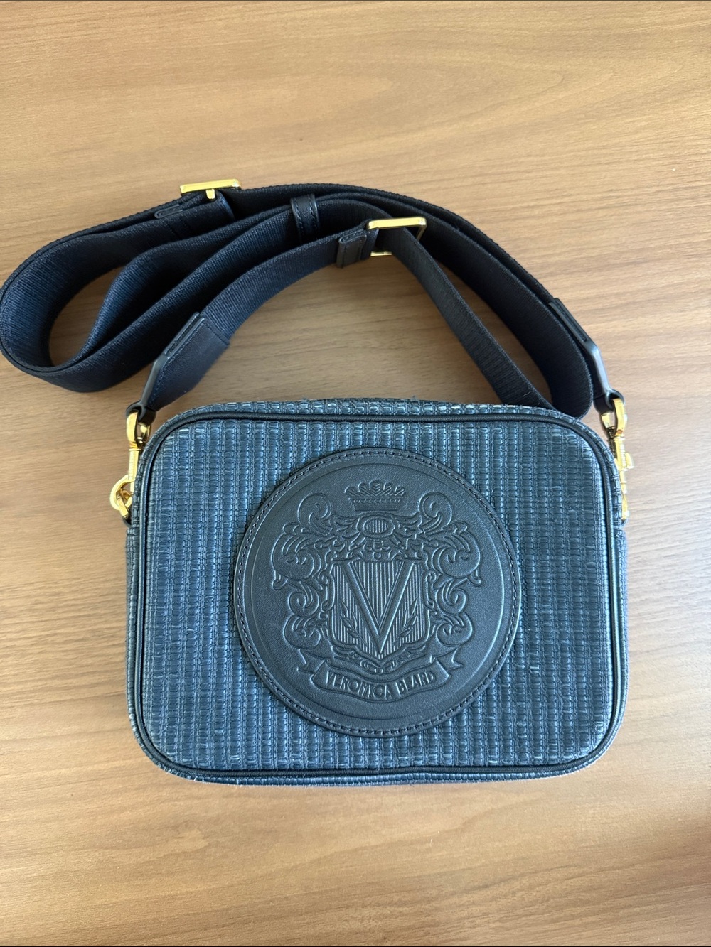 Veronica Beard Black Crossbody Camera Bag with Embossed Crest